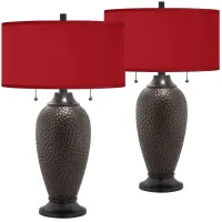 Franklin Iron Works Hammered Lamps with Red Faux Silk Shades Set of 2