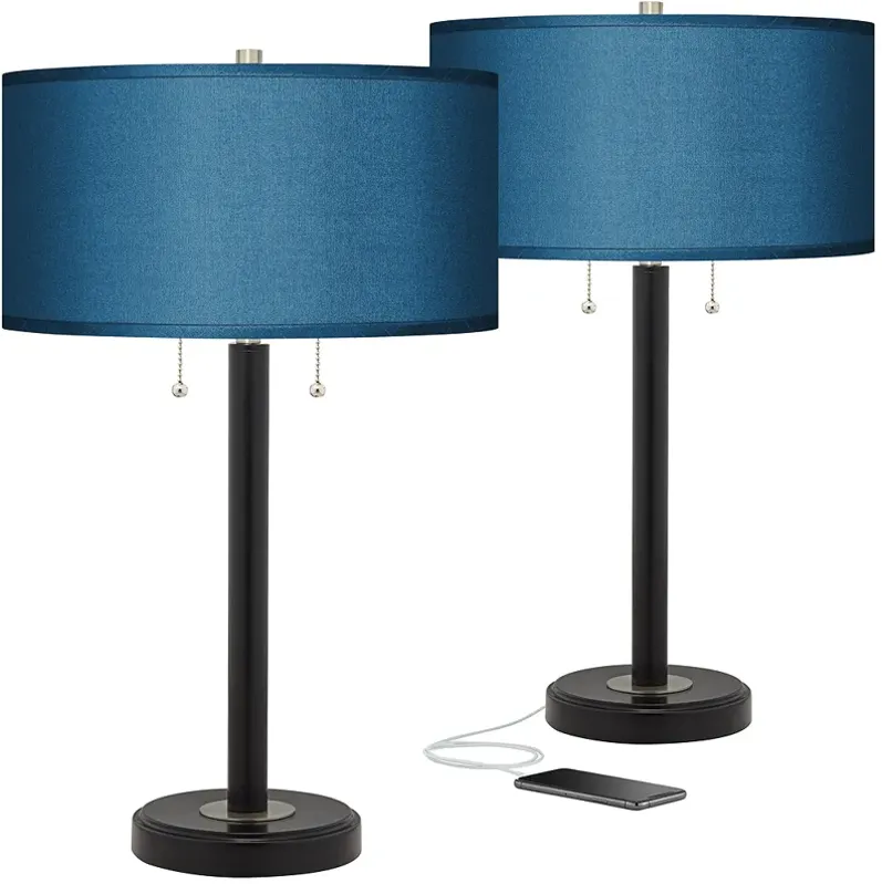 Possini Euro 25" Blue Faux Silk and Bronze USB Table Lamps Set of 2