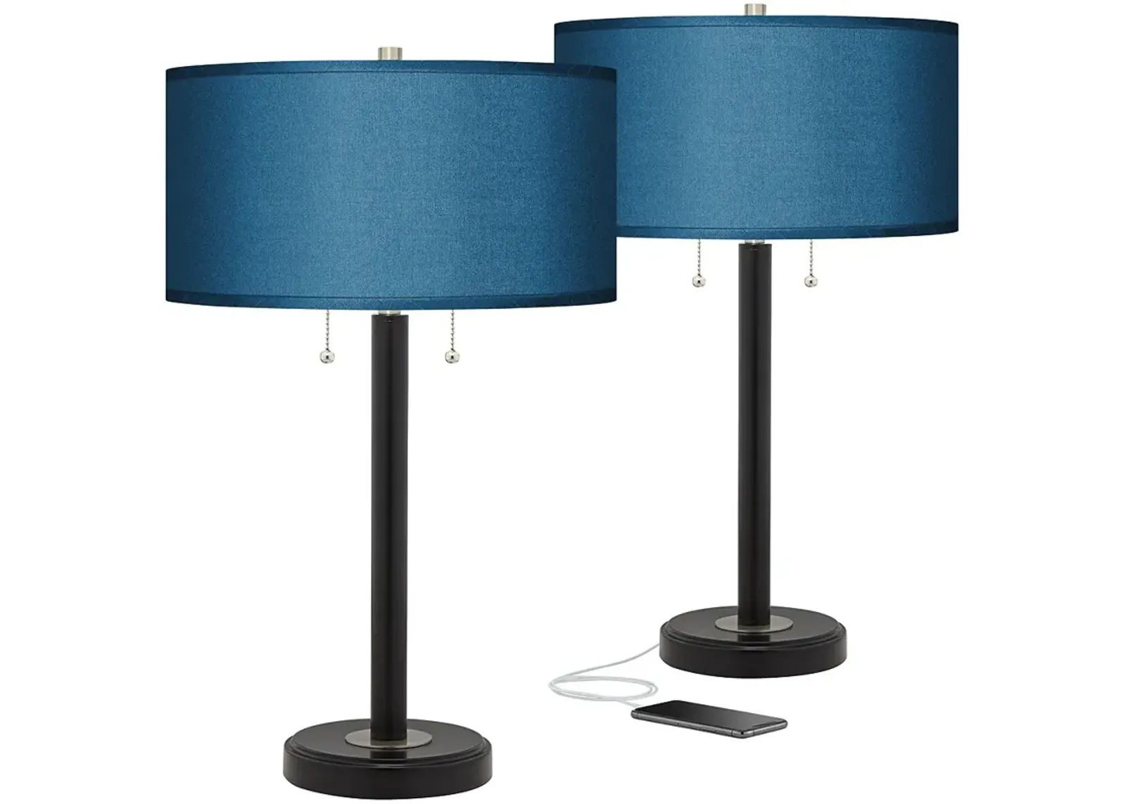 Possini Euro 25" Blue Faux Silk and Bronze USB Table Lamps Set of 2