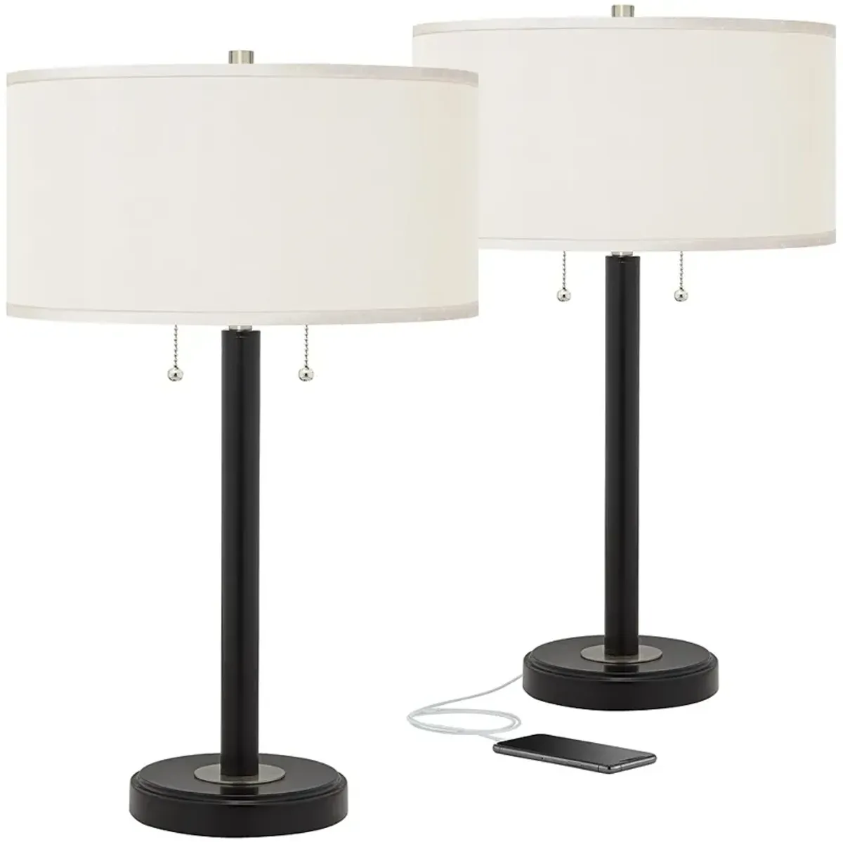 Possini Euro Cream Faux Silk and Bronze USB Table Lamps Set of 2