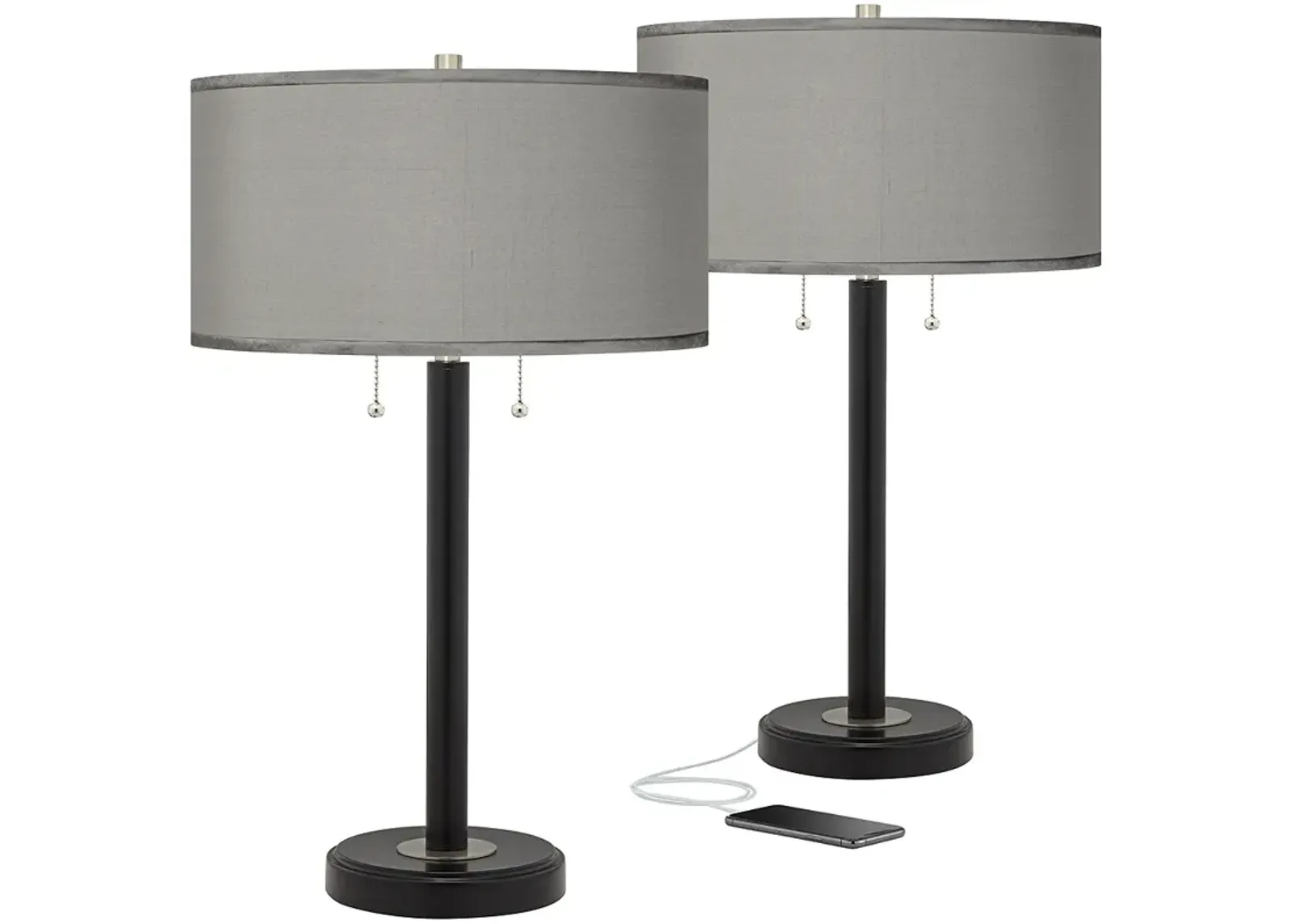 Possini Euro 25" Gray Faux Silk and Bronze USB Table Lamps Set of 2