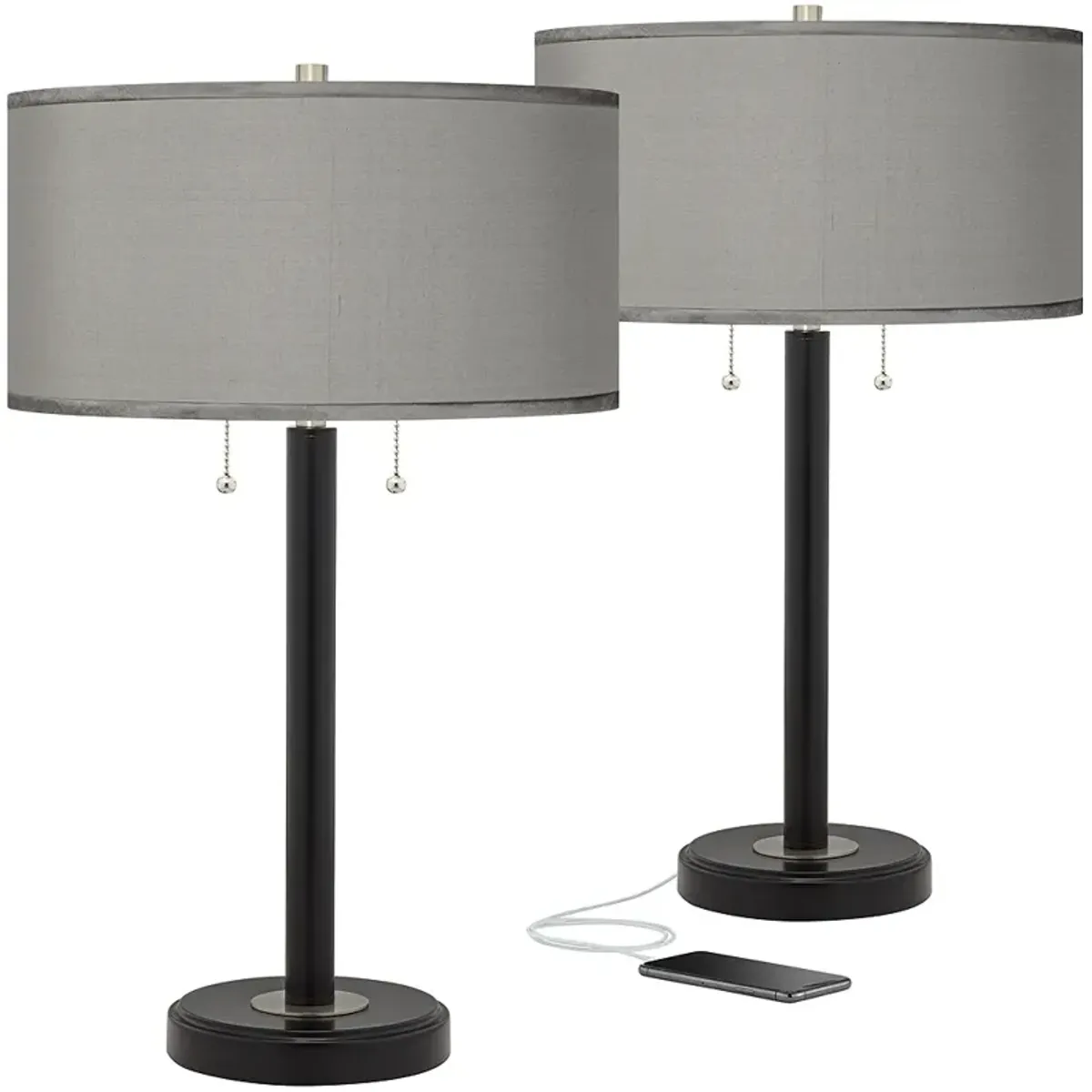 Possini Euro 25" Gray Faux Silk and Bronze USB Table Lamps Set of 2