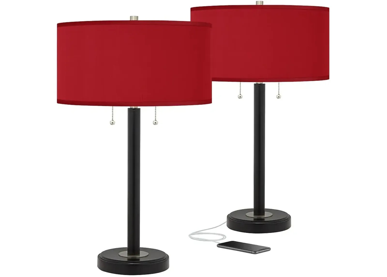 Possini Euro 25" Red Faux Silk and Bronze USB Table Lamps Set of 2