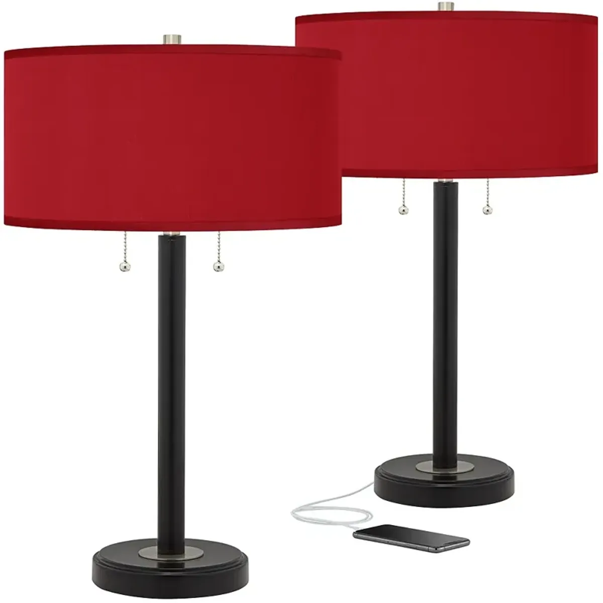 Possini Euro 25" Red Faux Silk and Bronze USB Table Lamps Set of 2