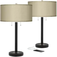 Possini Euro Taupe Faux Silk and Bronze USB Table Lamps Set of 2