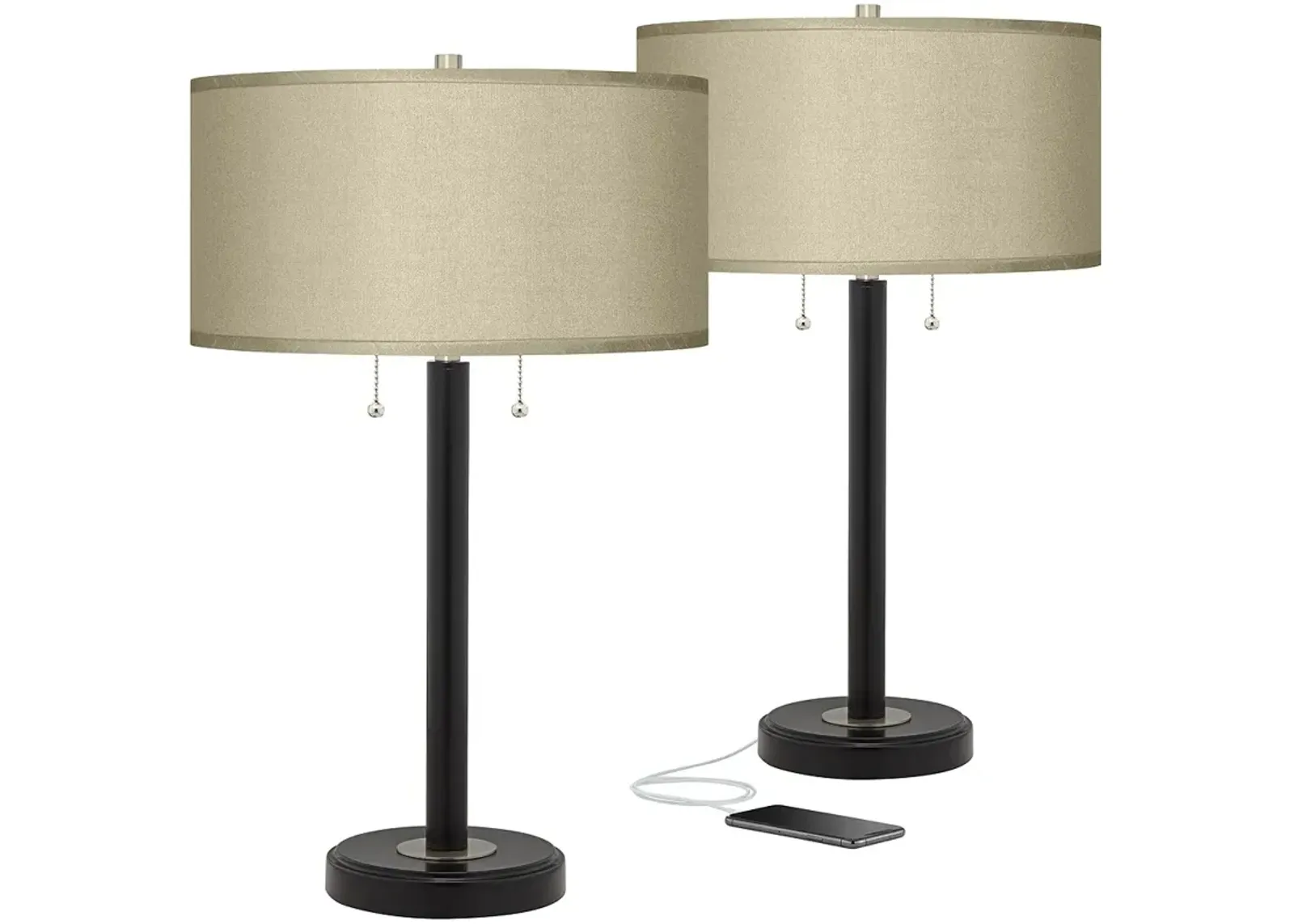 Possini Euro Taupe Faux Silk and Bronze USB Table Lamps Set of 2