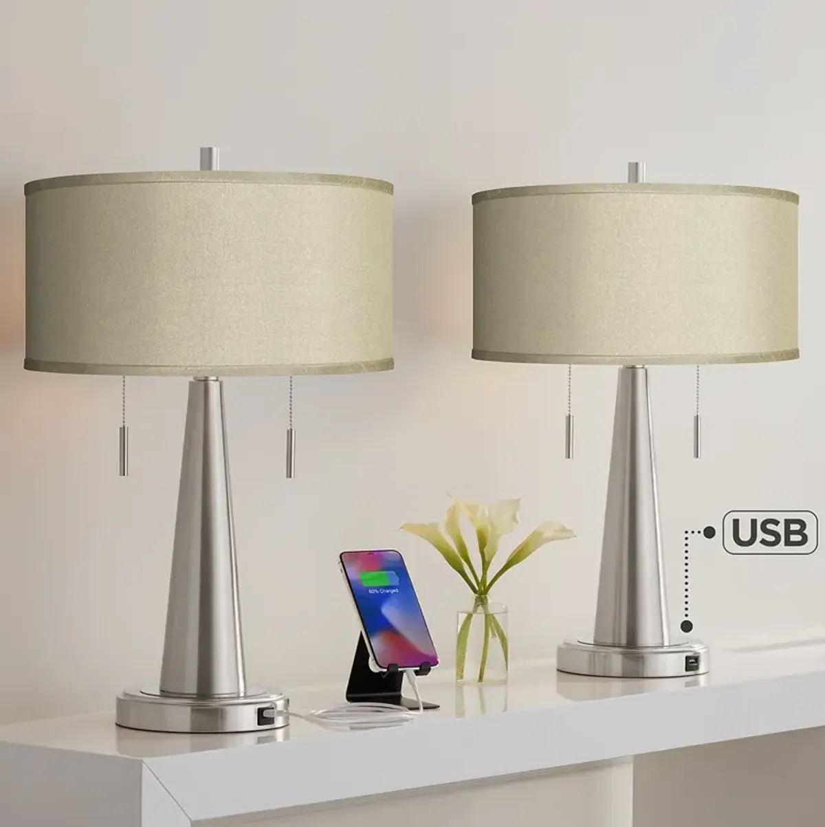 Possini Euro Vicki 23" Taupe Faux Silk and Nickel USB Lamps Set of 2
