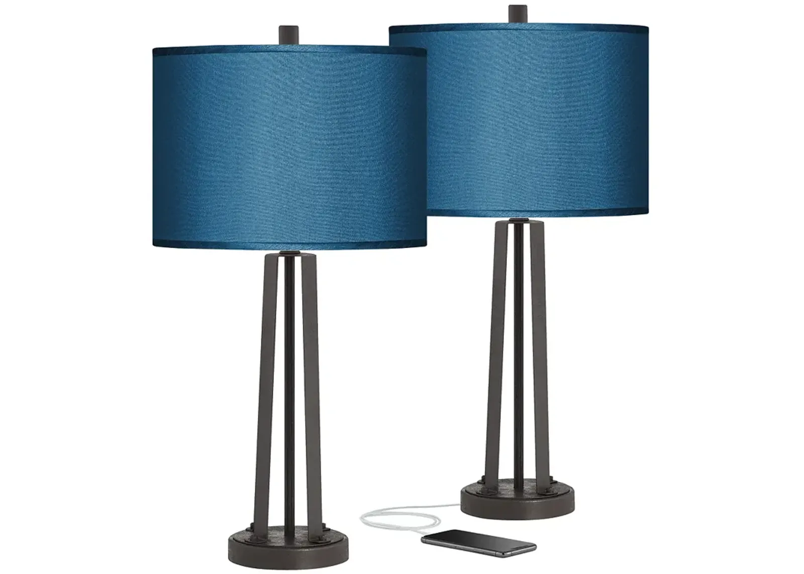 Possini Blue Faux Silk and Dark Bronze USB Table Lamps Set of 2