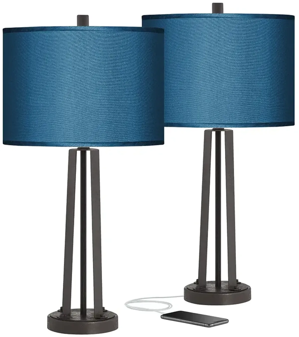 Possini Blue Faux Silk and Dark Bronze USB Table Lamps Set of 2