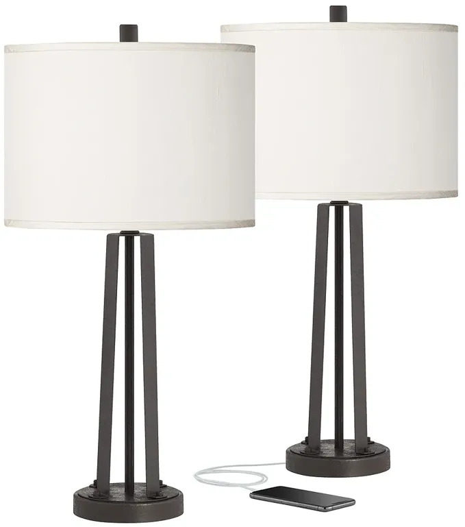 Possini Euro Cream Faux Silk and Dark Bronze USB Table Lamps Set of 2