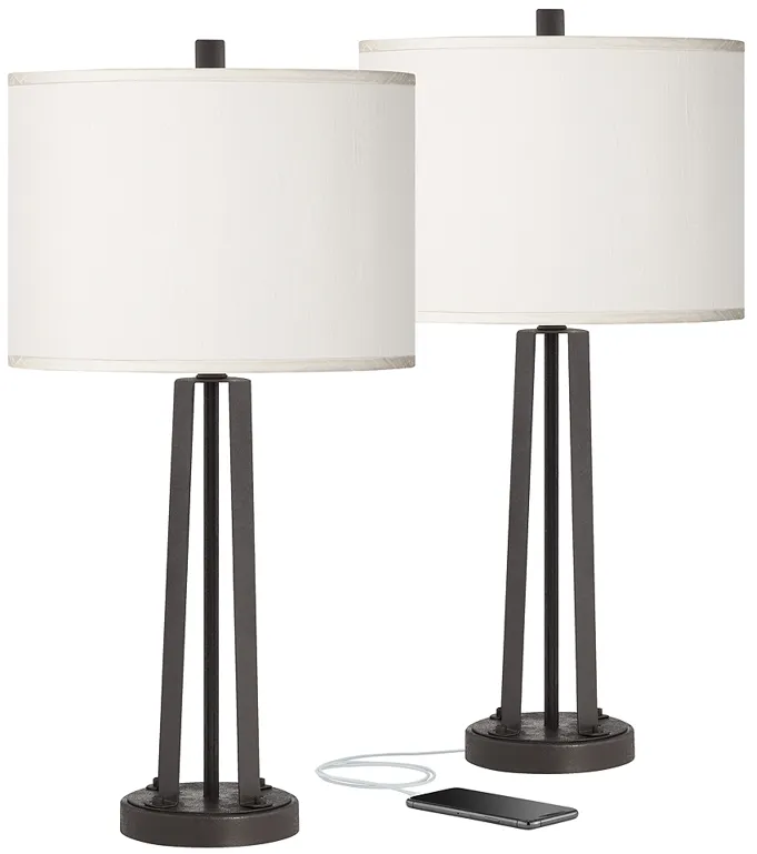 Possini Euro Cream Faux Silk and Dark Bronze USB Table Lamps Set of 2
