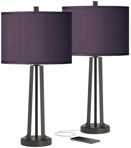 Possini Eggplant Purple Faux Silk and Dark Bronze USB Table Lamps Set of 2