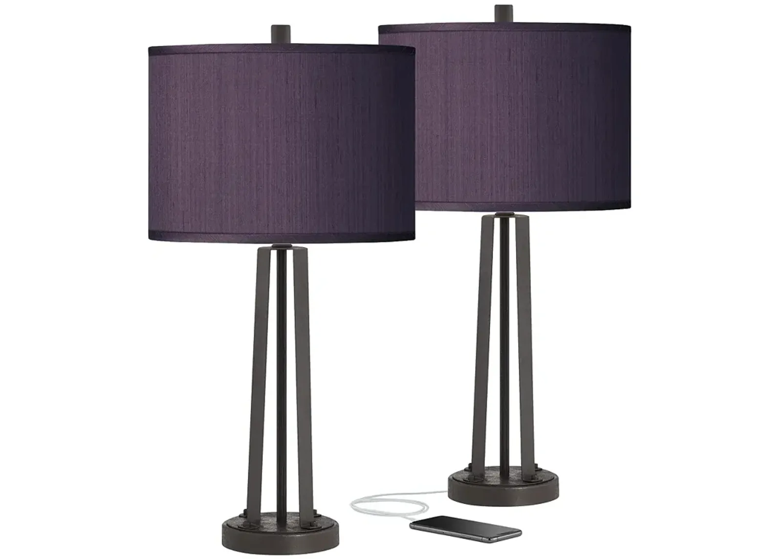 Possini Eggplant Purple Faux Silk and Dark Bronze USB Table Lamps Set of 2