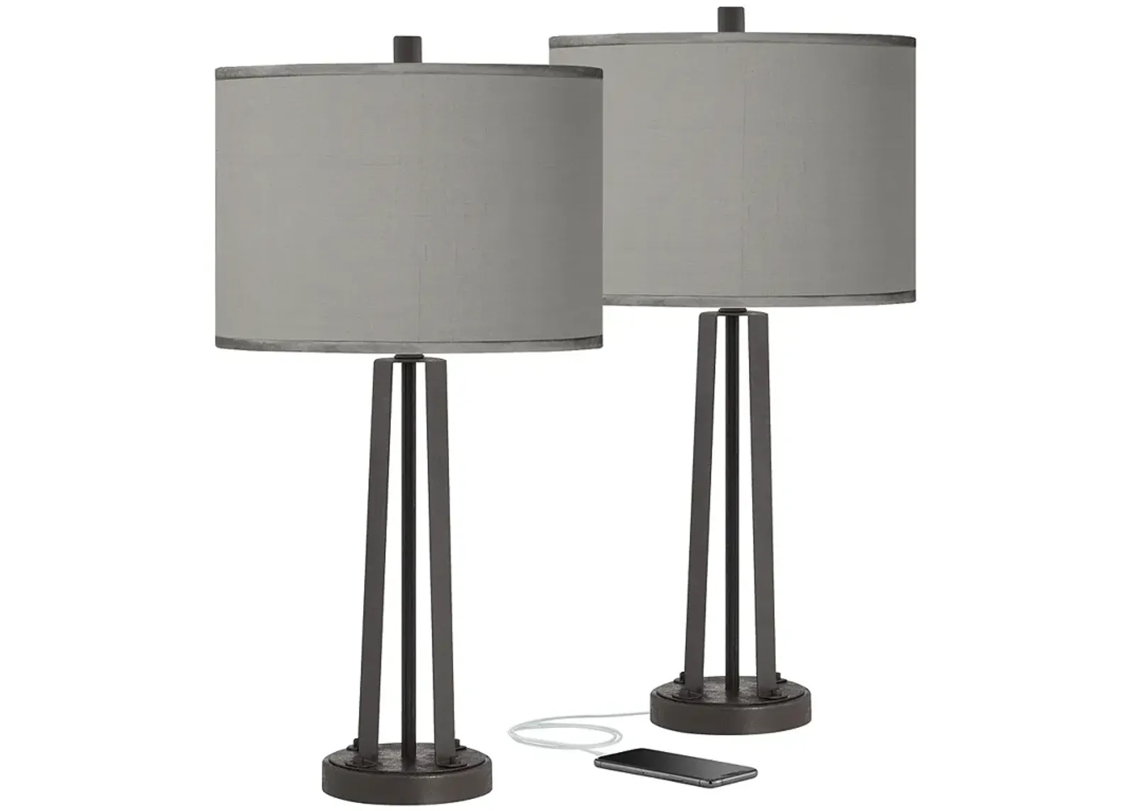 Possini Euro Gray Faux Silk and Dark Bronze USB Table Lamps Set of 2