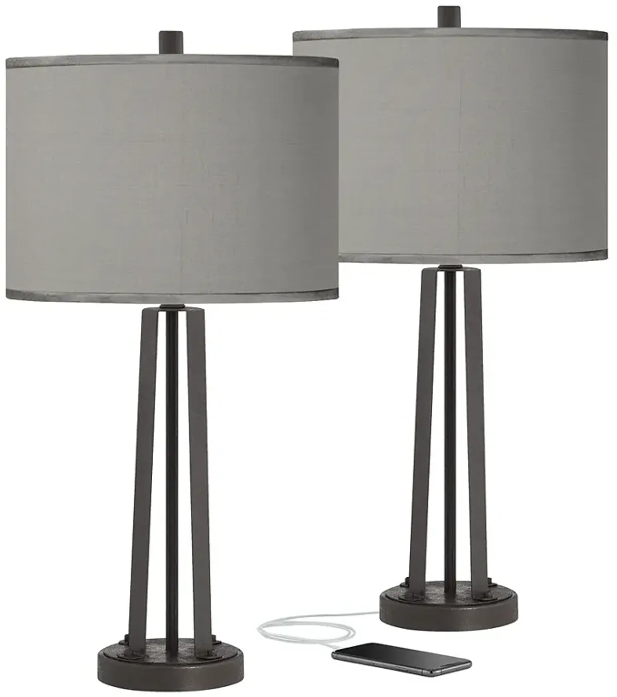 Possini Euro Gray Faux Silk and Dark Bronze USB Table Lamps Set of 2