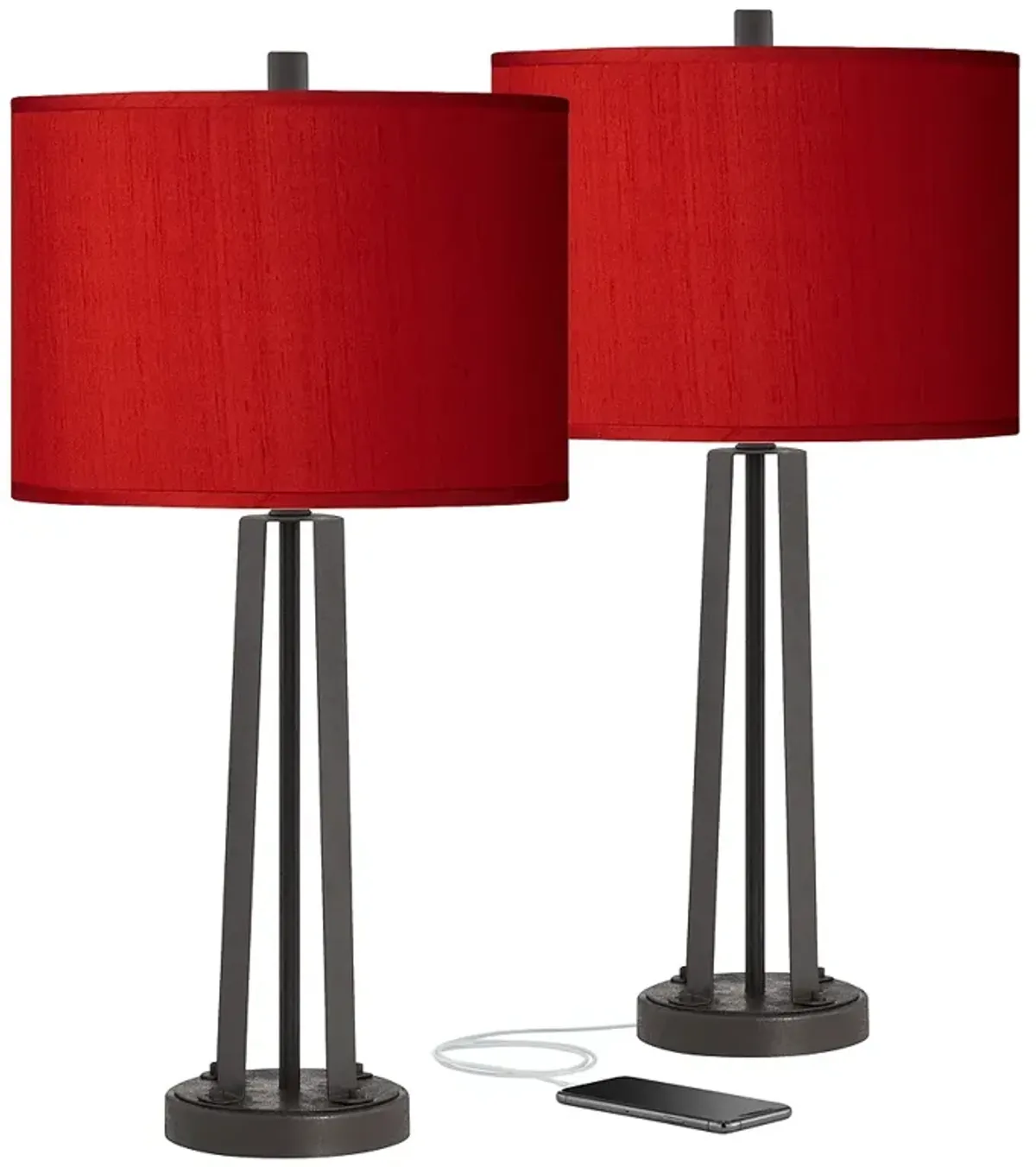 Possini Euro Red Faux Silk and Dark Bronze USB Table Lamps Set of 2