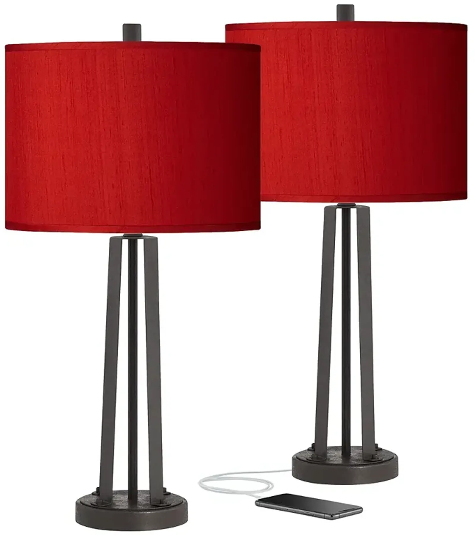 Possini Euro Red Faux Silk and Dark Bronze USB Table Lamps Set of 2