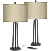 Possini Taupe Faux Silk and Dark Bronze USB Table Lamps Set of 2