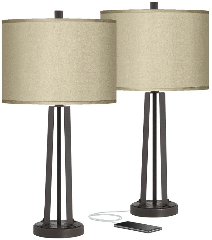 Possini Taupe Faux Silk and Dark Bronze USB Table Lamps Set of 2