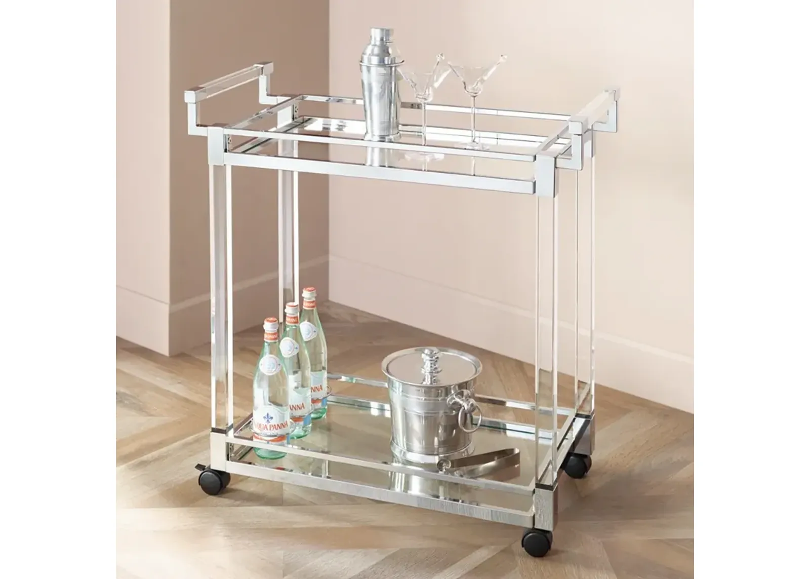 Rossi 32 3/4" Wide Clear Acrylic and Chrome Rolling Serving Bar Cart