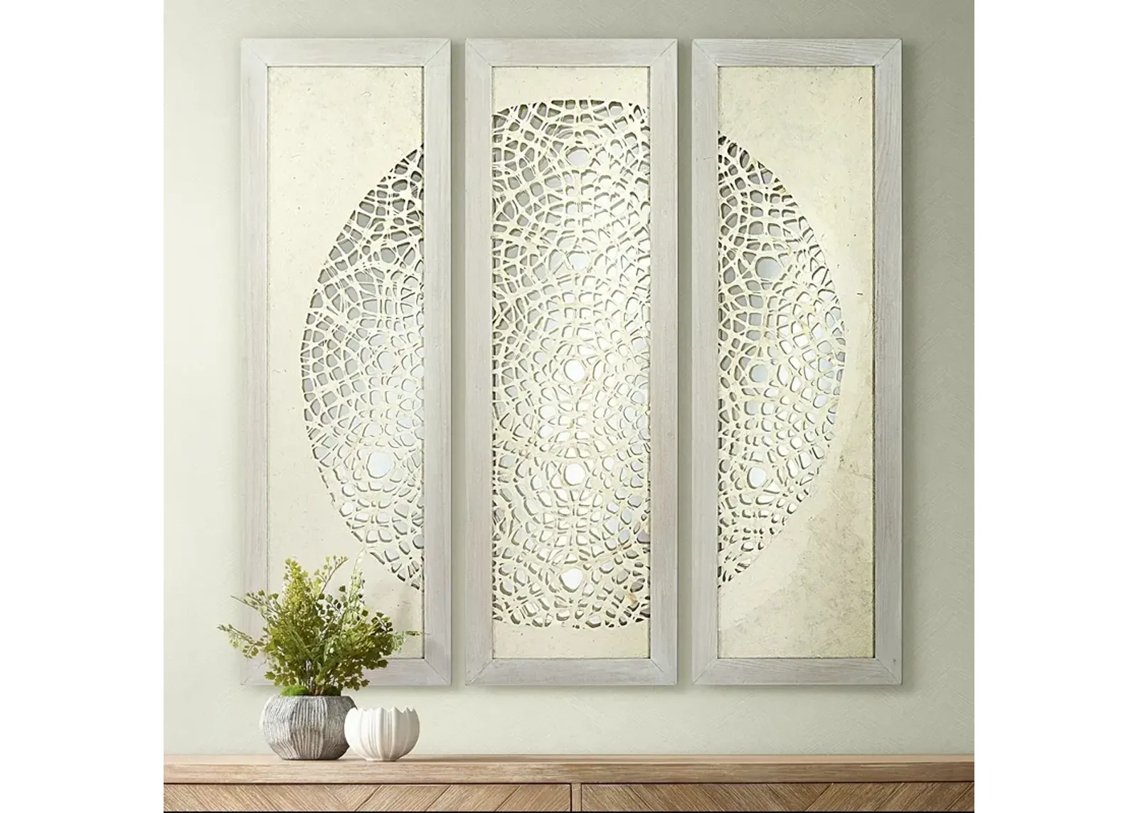 Pini Woven Ivory 47" High Mirrored Wall Art Set of 3