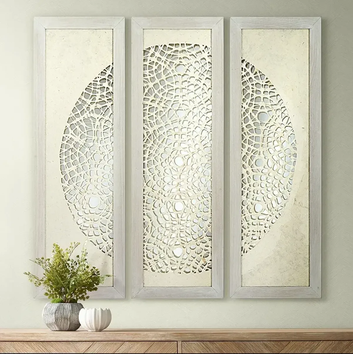 Pini Woven Ivory 47" High Mirrored Wall Art Set of 3