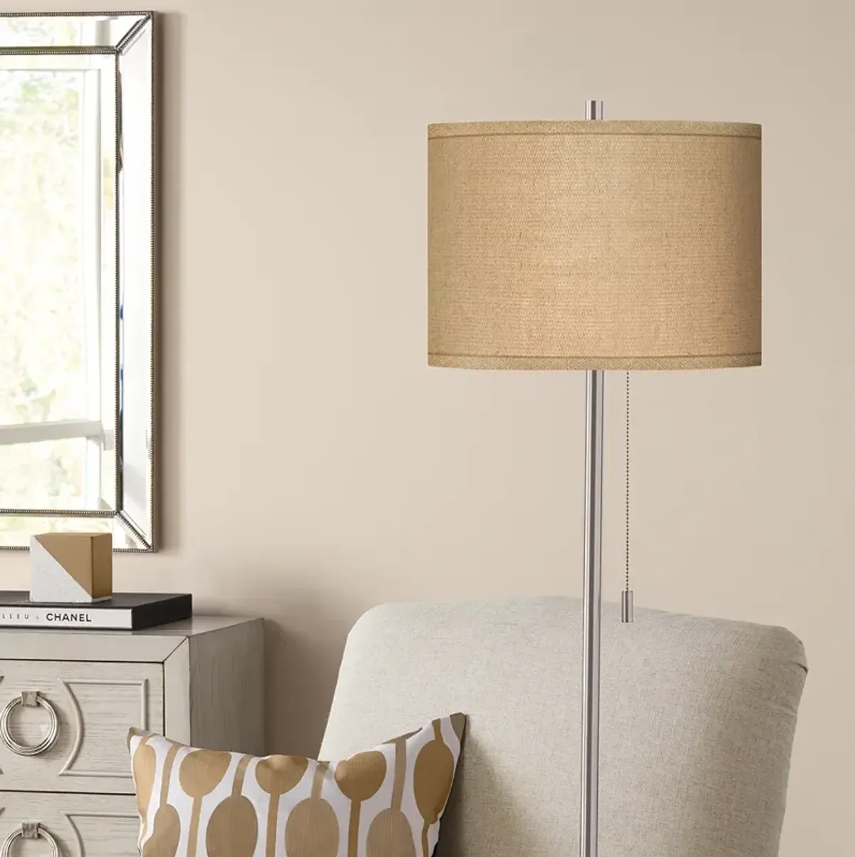 Possini Euro 62" Woven Burlap Brushed Nickel Pull Chain Floor Lamp