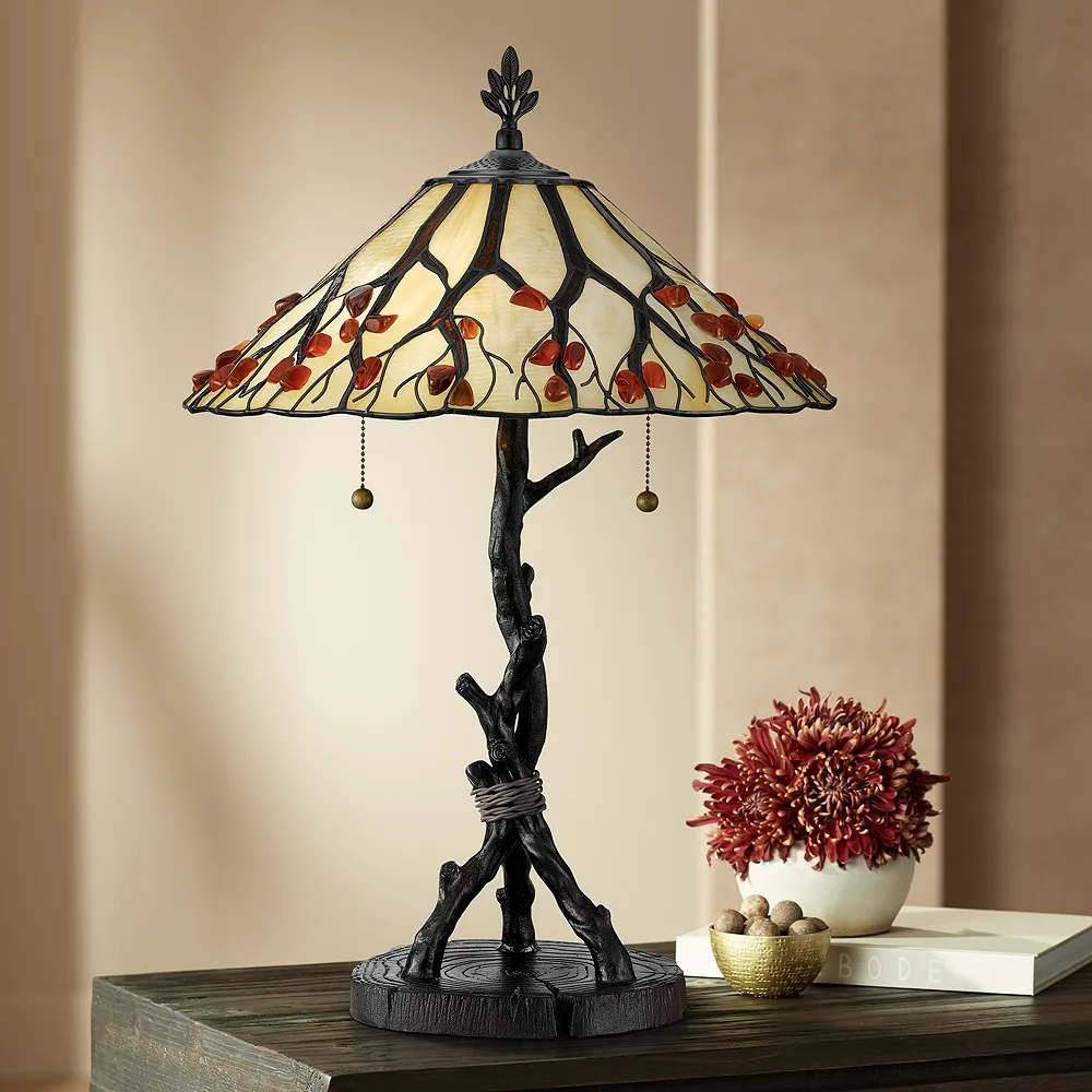 Quoizel Whispering Wood 25" Tiffany-Style Art Glass Table Lamp