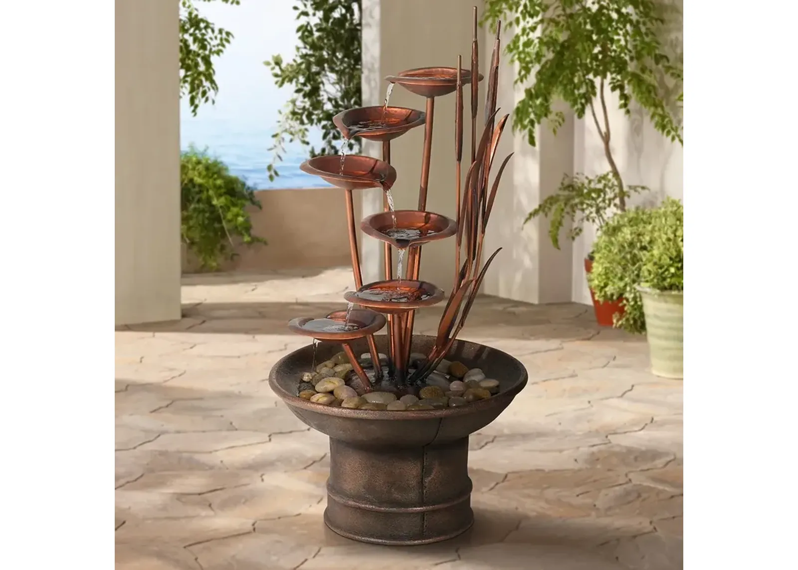 Water Lilies and Cat Tails 33" High Rustic Garden Fountain