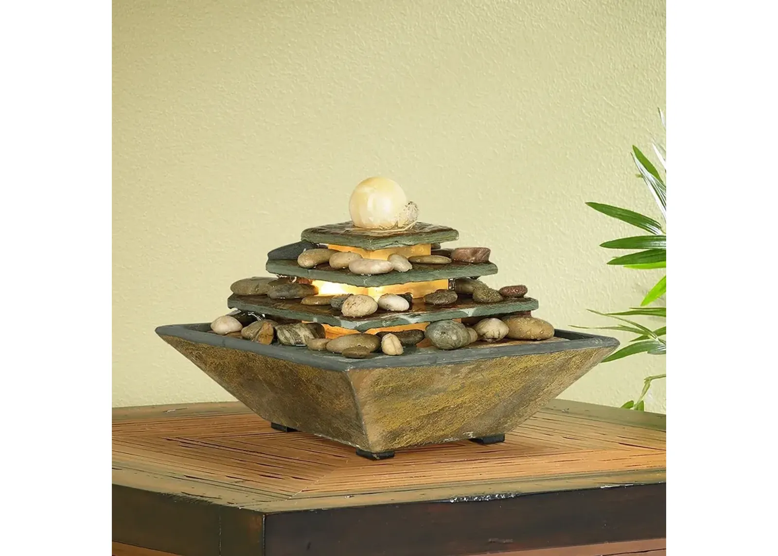 Pyramid 9" High Slate Stone Feng Shui Table Fountain with LED Light