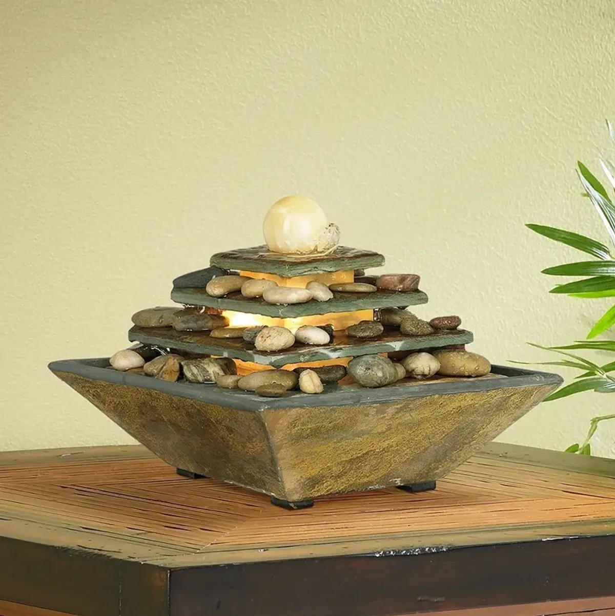 Pyramid 9" High Slate Stone Feng Shui Table Fountain with LED Light