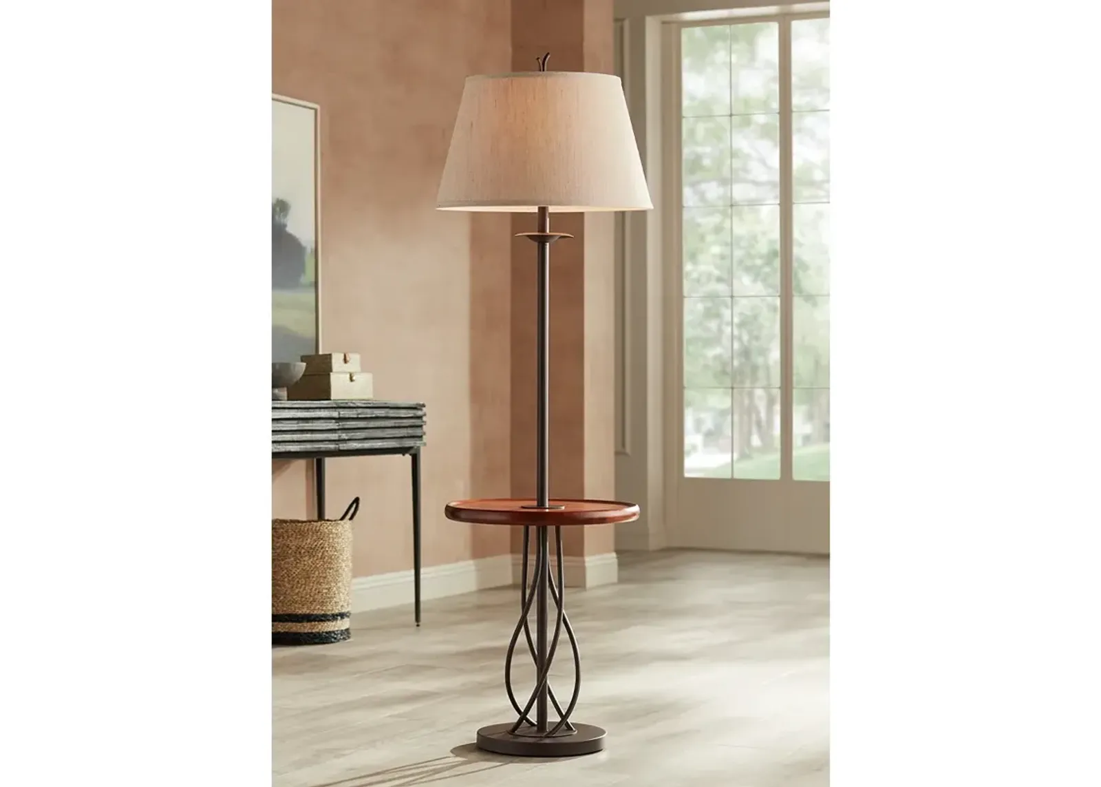 Franklin Iron Twist 63 1/2" Metal and Walnut Tray Table Floor Lamp