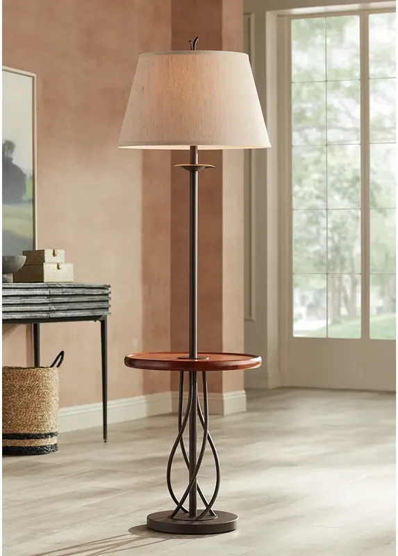 Franklin Iron Twist 63 1/2" Metal and Walnut Tray Table Floor Lamp