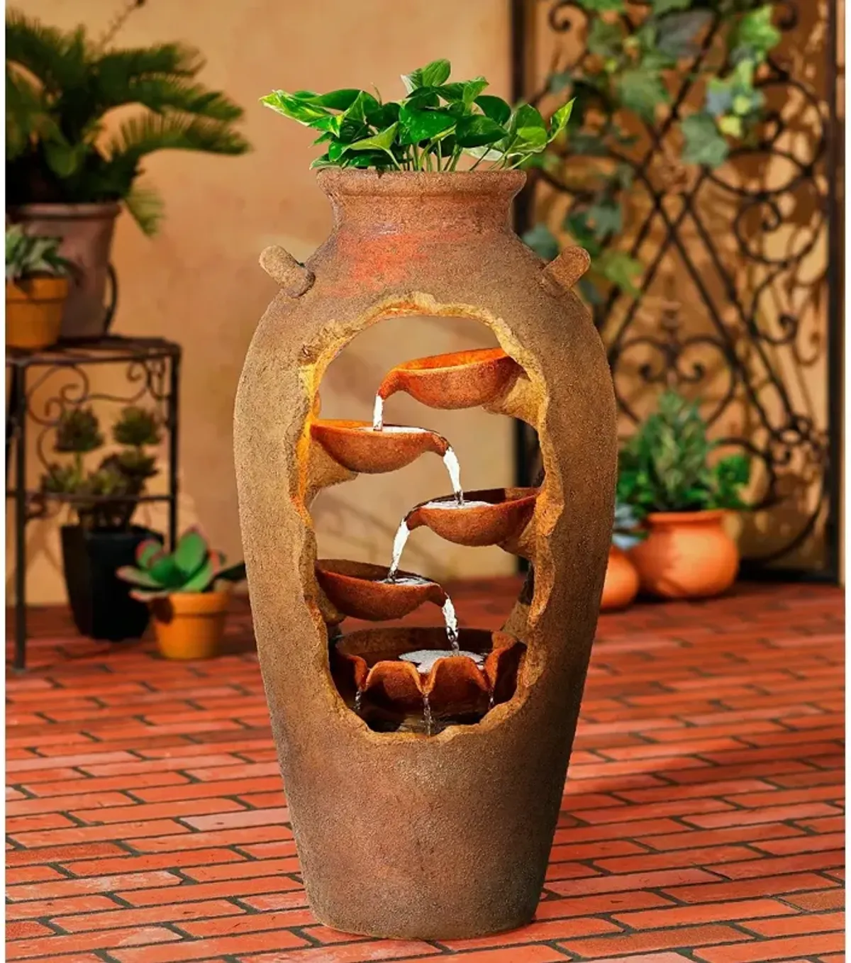 Nathan Cascade 33" High Rustic Urn Fountain with Planter and LED Light