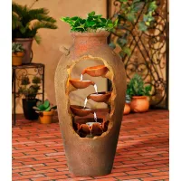 Cascade 33" High Rustic Urn Fountain with Planter and LED Light