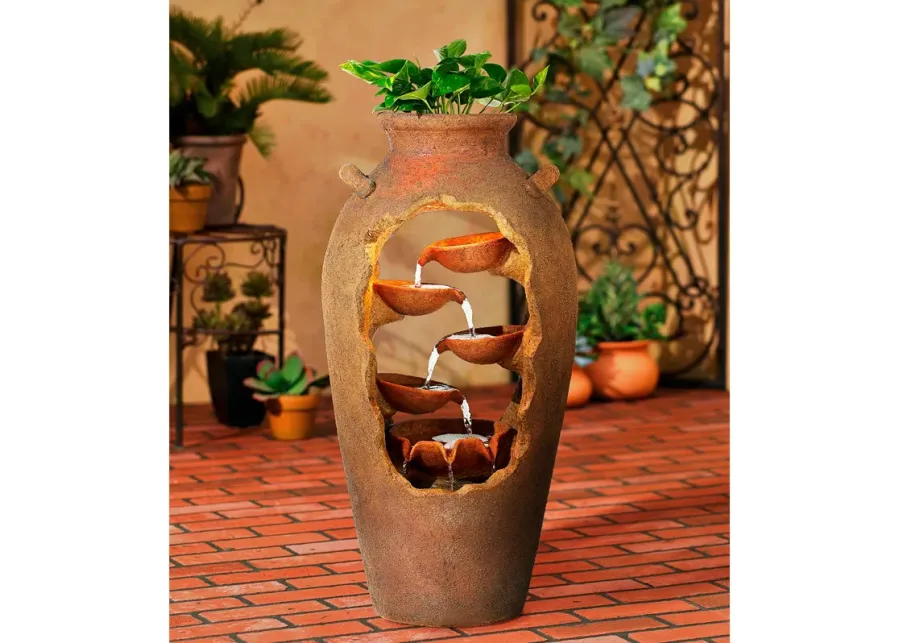 Cascade 33" High Rustic Urn Fountain with Planter and LED Light