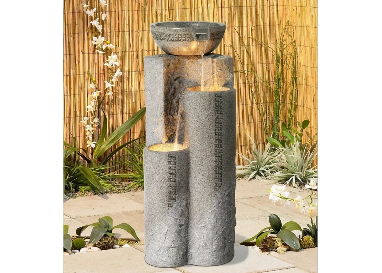 Bowl and Pillar 34 1/2" High Modern Fountain with LED Lights