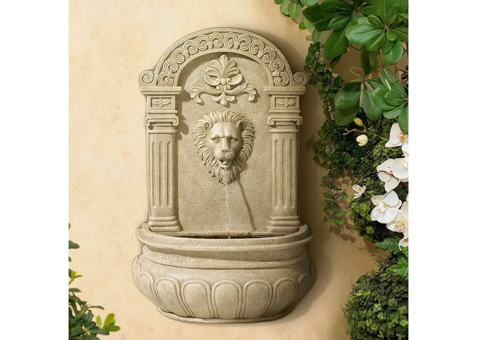 Royal Lion Face 31" High Sandstone Finish Wall Fountain