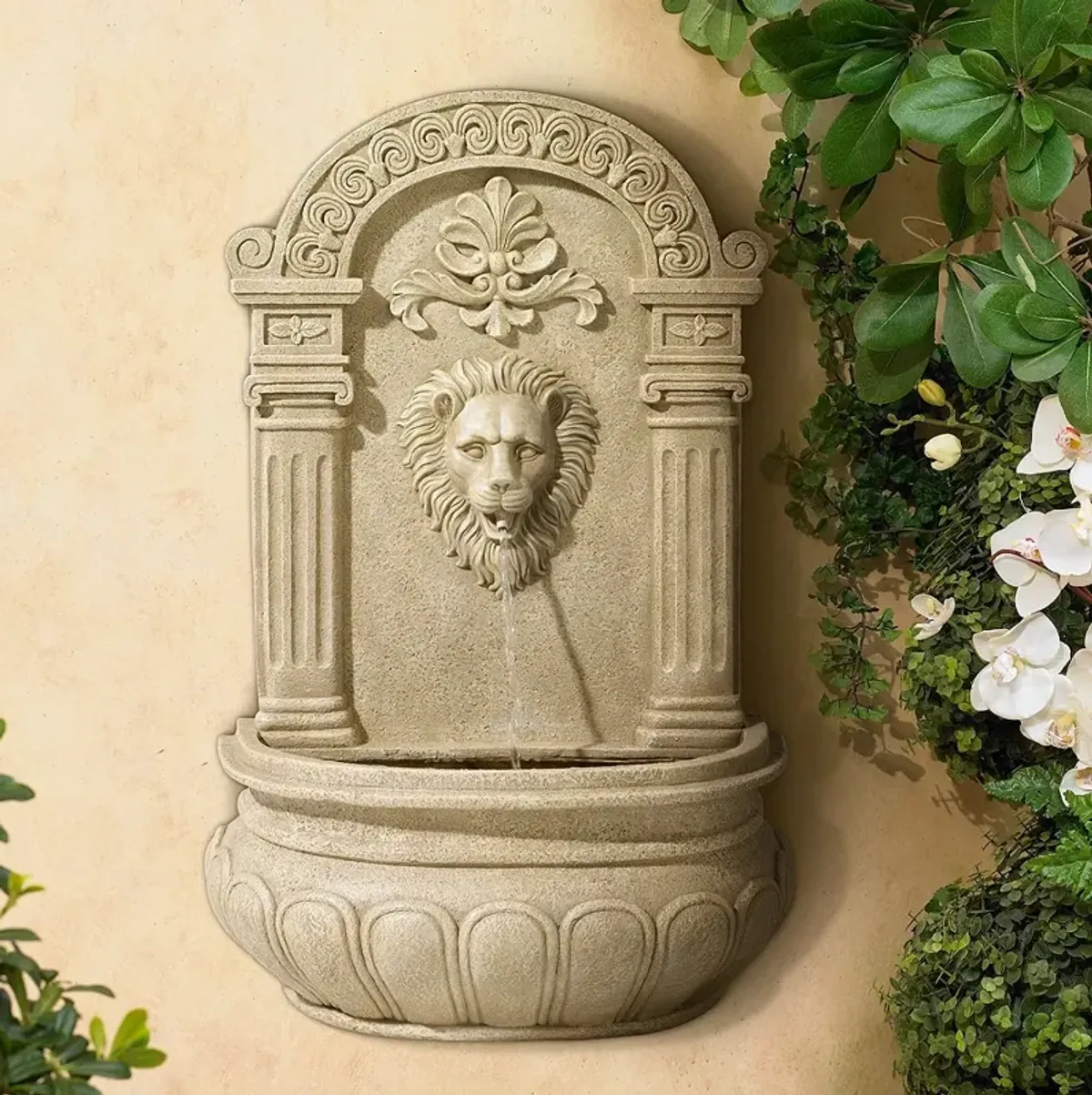 Lion Face 31" High Sandstone Finish Wall Fountain