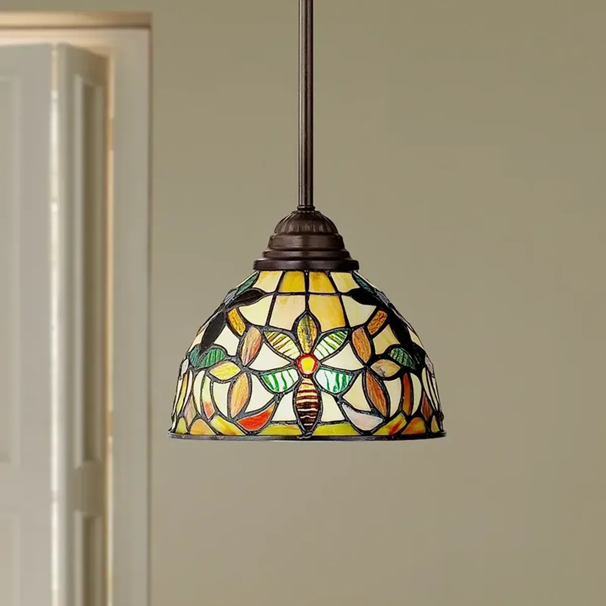 Quoizel Kami 8" Wide Tiffany-Style Floral Art Glass Mini Pendant Light