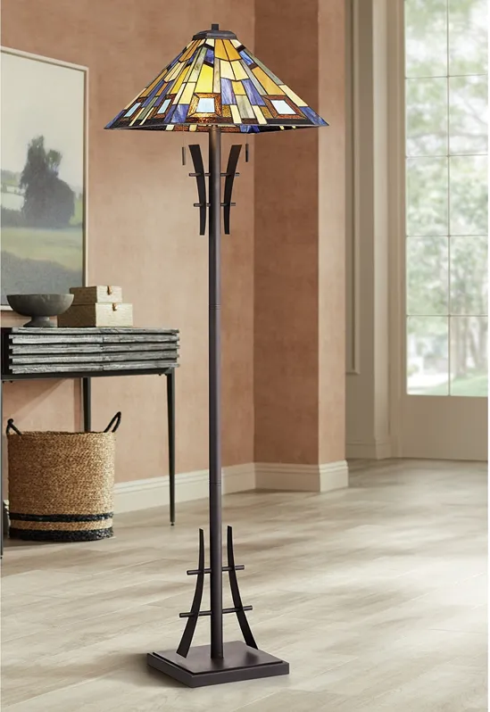 Robert Louis Tiffany 62" High Jewel Tone Art Glass Floor Lamp