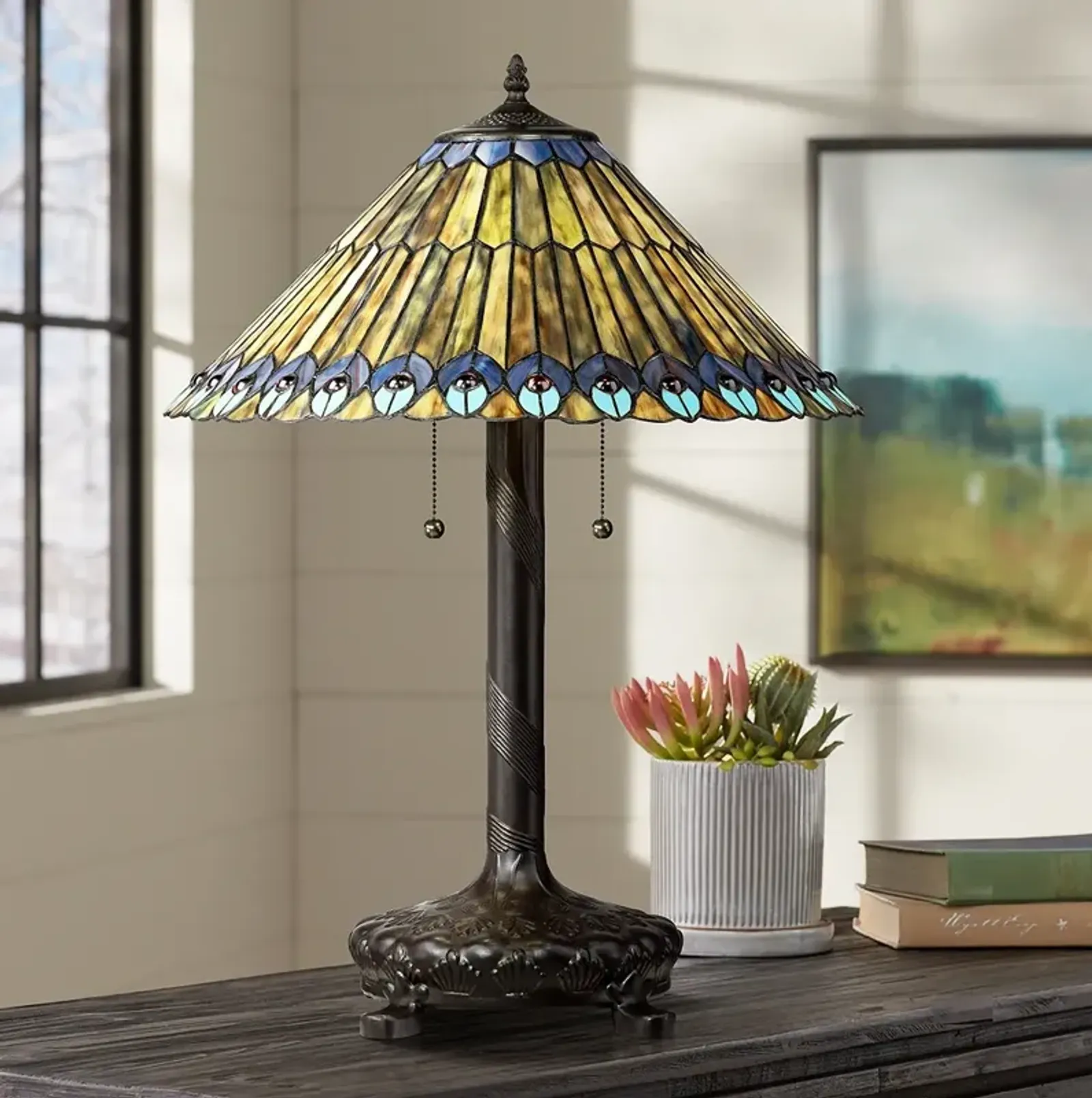 Robert Louis Tiffany Peacock 26" Art Glass Tiffany Style Table Lamp