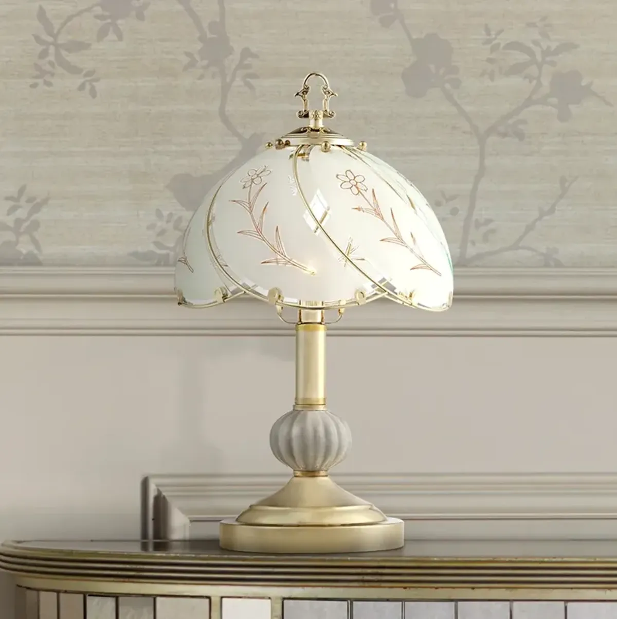 Polished Brass and Flower Glass Shade 15" High On-Off Touch Table Lamp