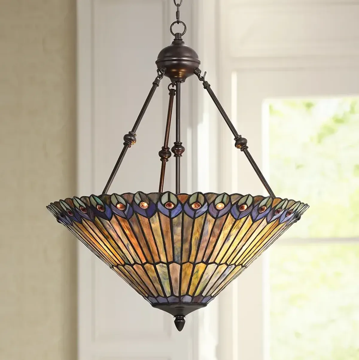 Robert Louis Tiffany Peacock 20" Wide 3-Light Glass Pendant Light