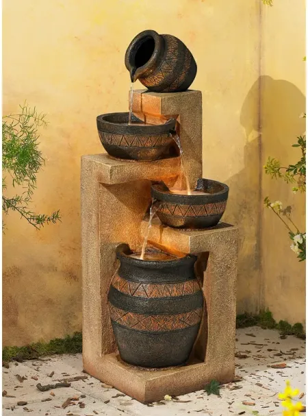 Stoneware Bowl and Jar 46" Indoor-Outdoor Rustic Fountain with Light