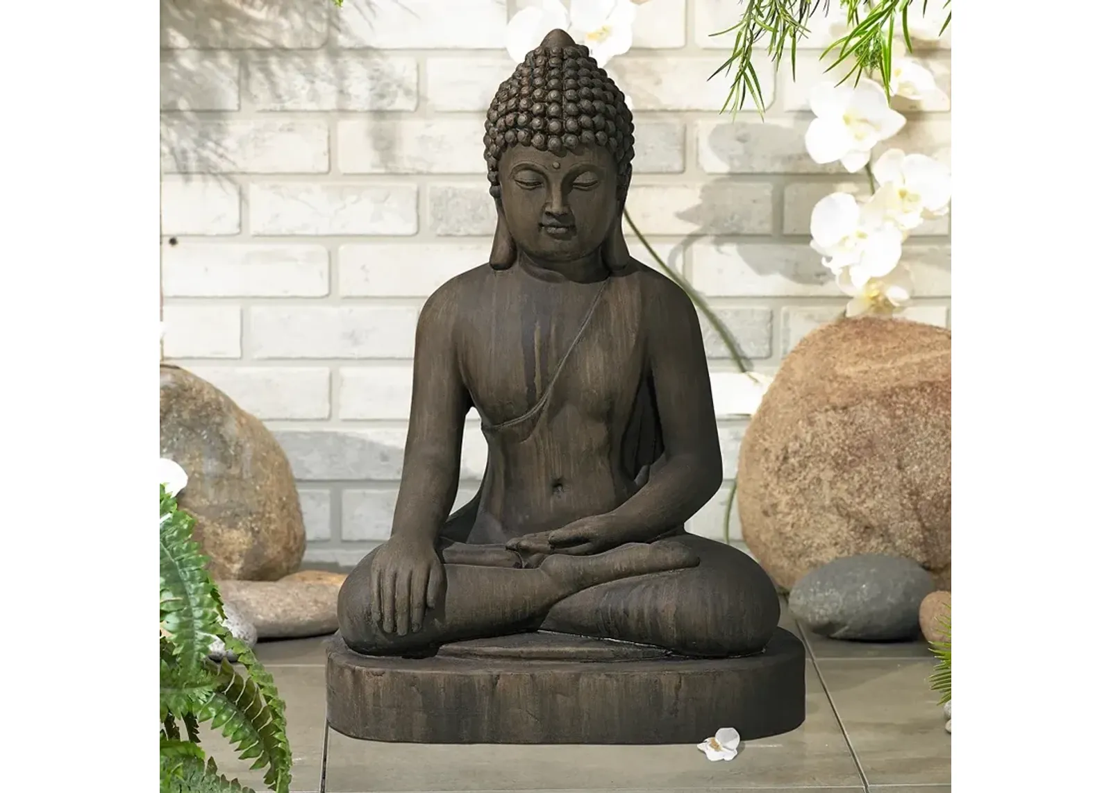 Sitting Buddha 29 1/2" High Dark Sandstone Outdoor Statue