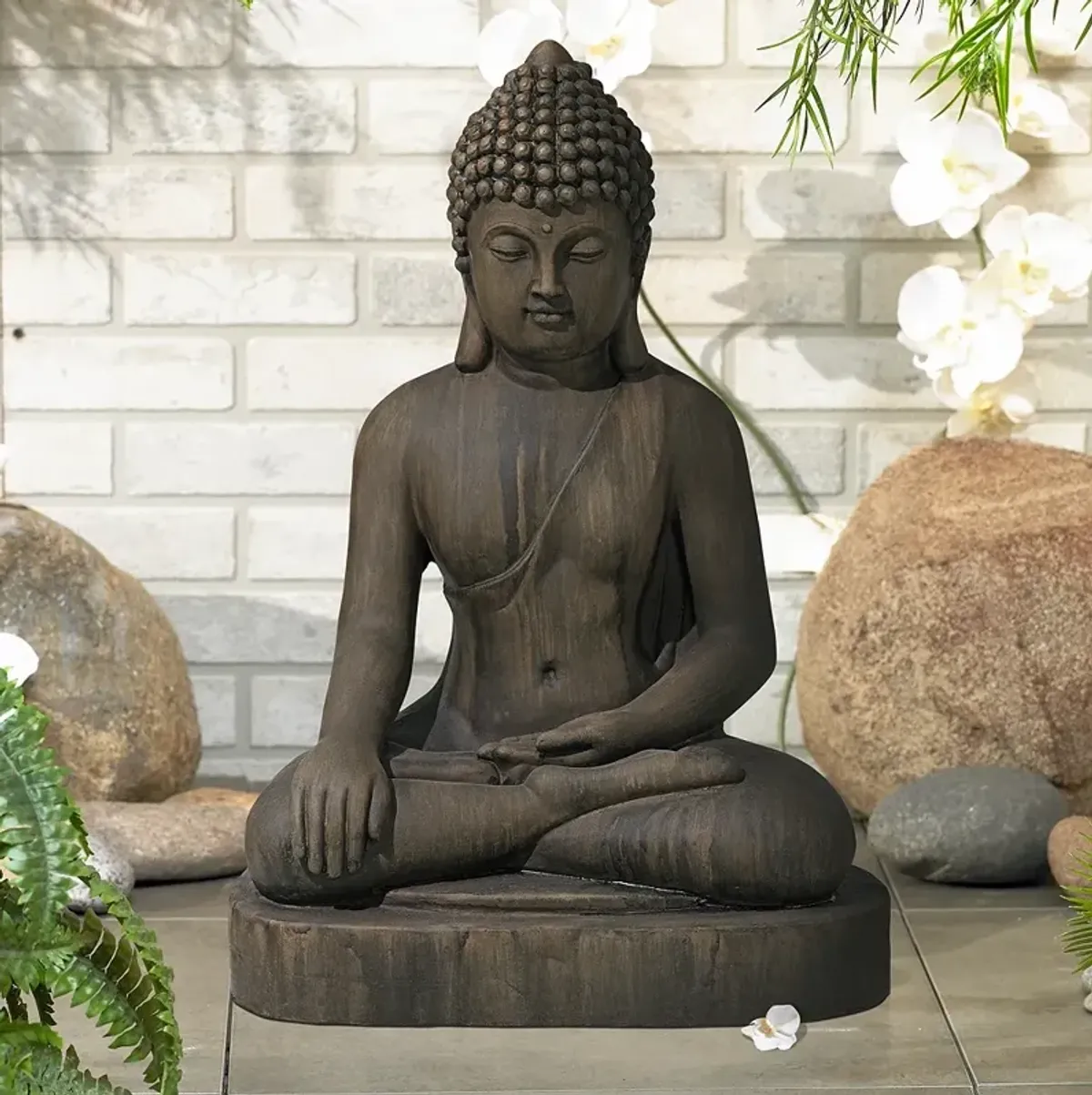 Sitting Buddha 29 1/2" High Dark Sandstone Outdoor Statue