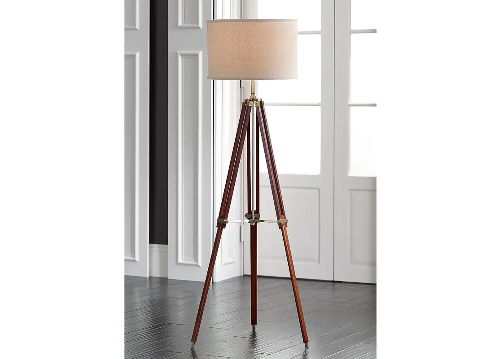 Possini Euro Cherry Wood Adjustable Height Surveyor Tripod Floor Lamp