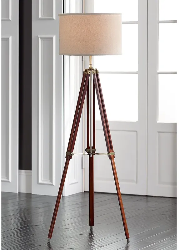 Possini Euro Cherry Wood Adjustable Height Surveyor Tripod Floor Lamp