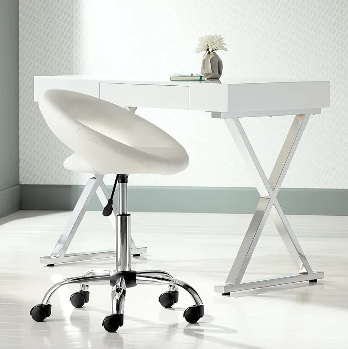 Briar White Faux Leather Adjustable Rolling Office Stool